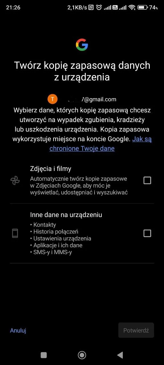 Ekran wyboru danych do kopii zapasowej Google: zdjęcia i filmy oraz inne dane na urządzeniu